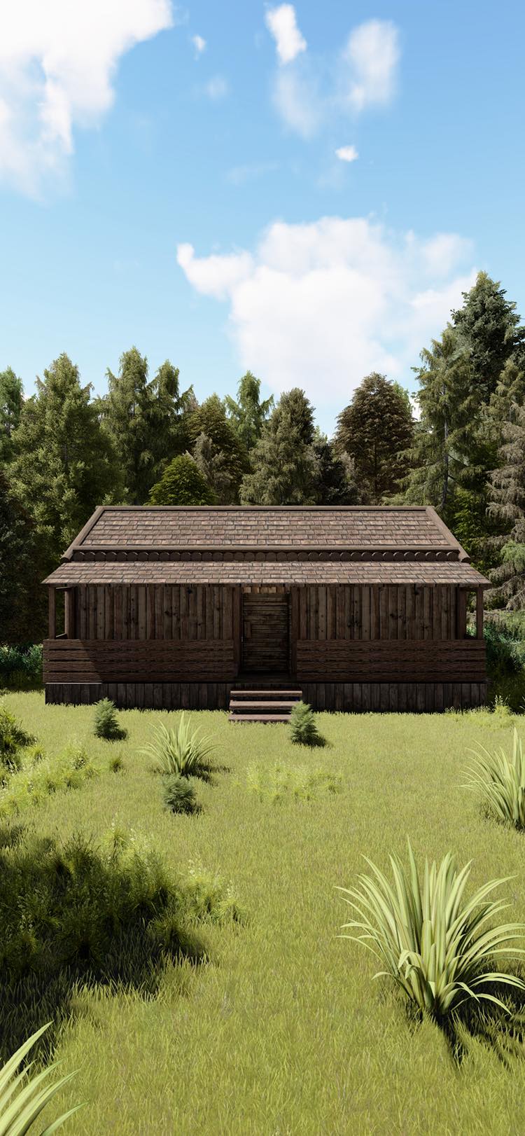 木立を背に建つ木造の小屋